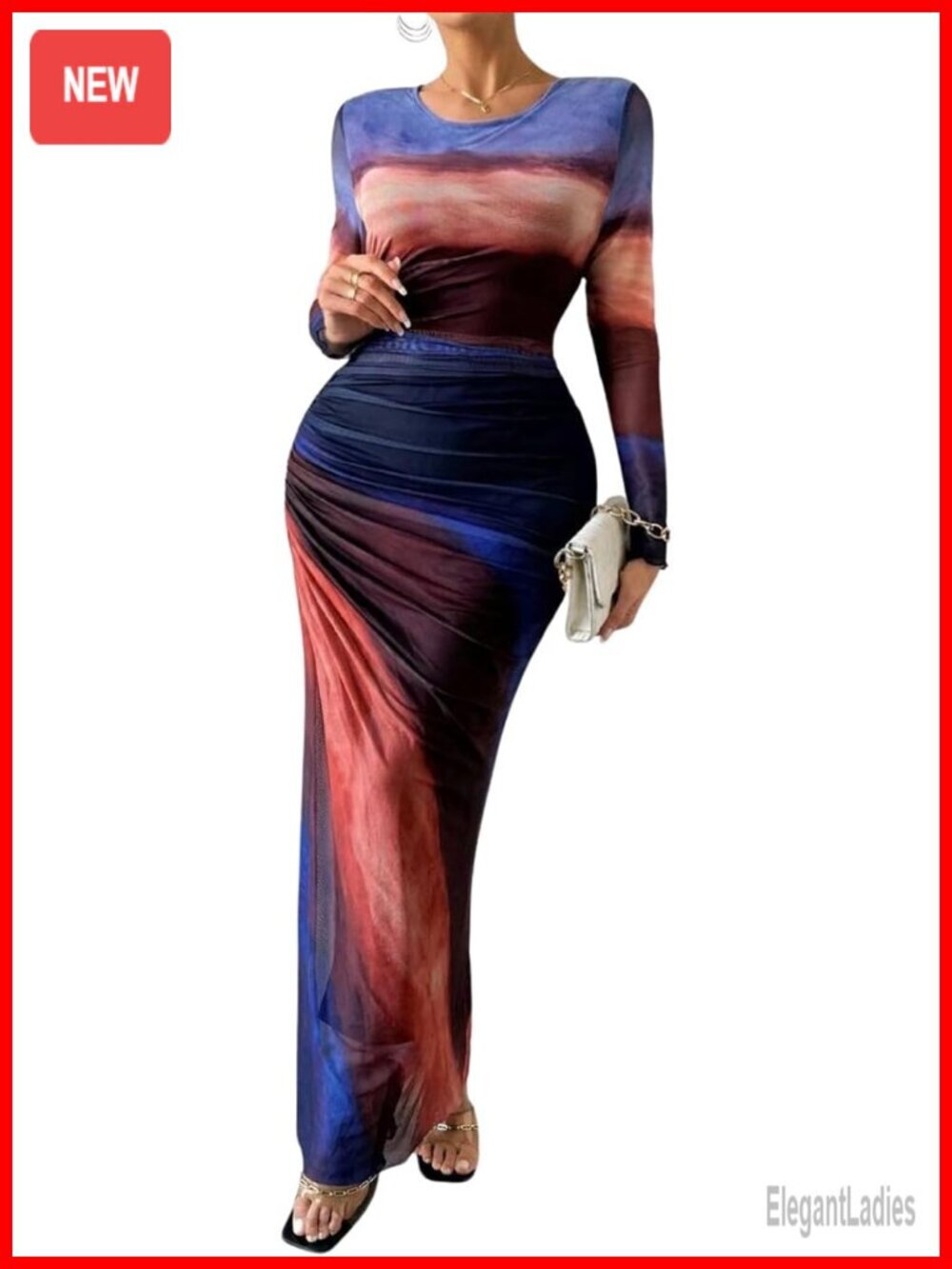 Sheer Mesh Maxi Dress Long Sleeve Bodycon Ruched Tie Dye Club Party Dress